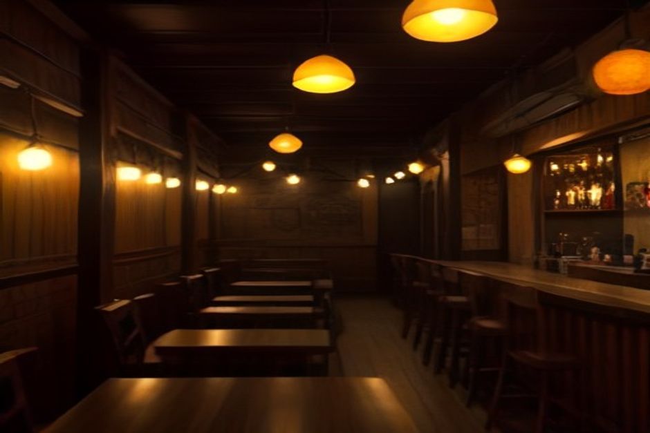 Interior aconchegante do Benvindo Taquara, com mesas de madeira e luz quente